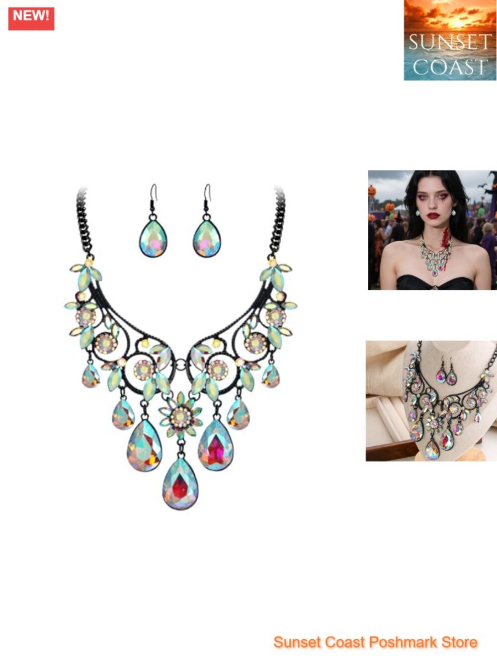Ethnic Austrian Crystal Necklace Earrings Set Adjustable 18-20 in Zinc Alloy